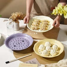 蒸饺盘圆形双层沥水饺子盘陶瓷釉下彩汤盘蒸包放置盘水果盘