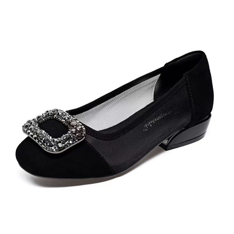 Sandal nữ da thật mũi tròn gót thấp lưới hở mũi — màu đen