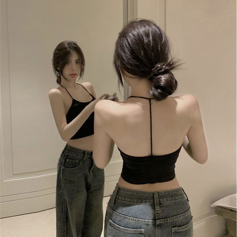 Halter Neck Backless Camisole for Women with Fixed Chest Pads, Beautiful Back Design, Black Sexy Top for Outerwear or Layering Halter Neck Backless Camisole for Women with Fixed Chest Pads, Beautiful Back Design, Black Sexy Top for Outerwear or Layering