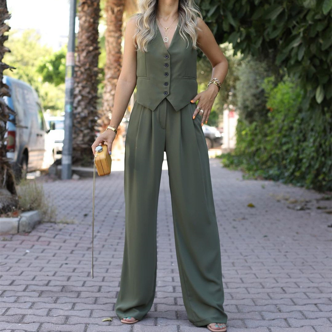 Holiday Daily Women's Vacation Solid Color Polyester Button Pants Sets Pants Sets display picture 1