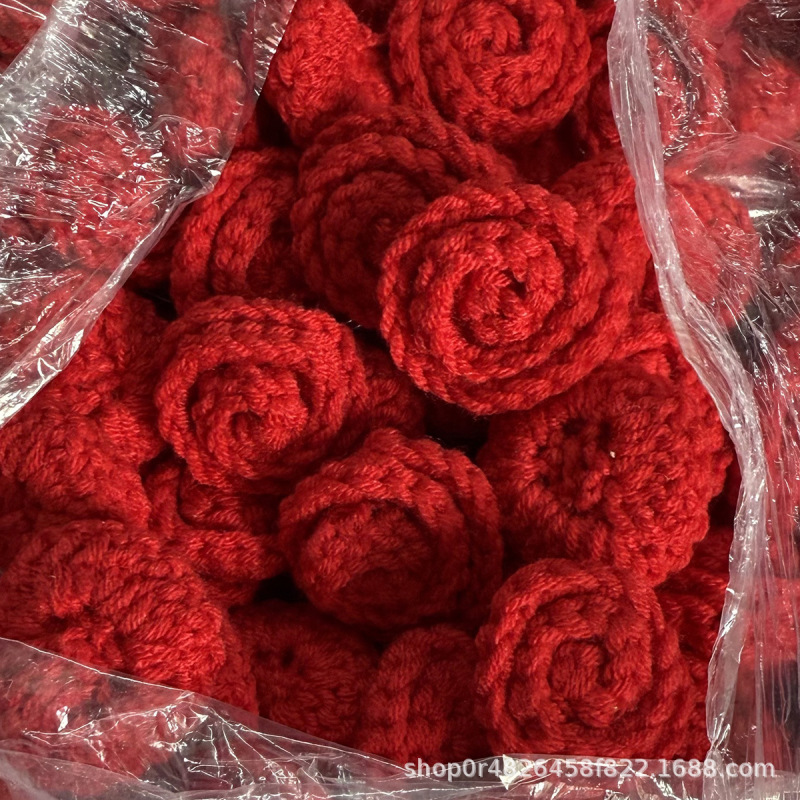 成品手工编织玫瑰花小红花仿真花diy毛线花半成品花毯配件情人节|undefined