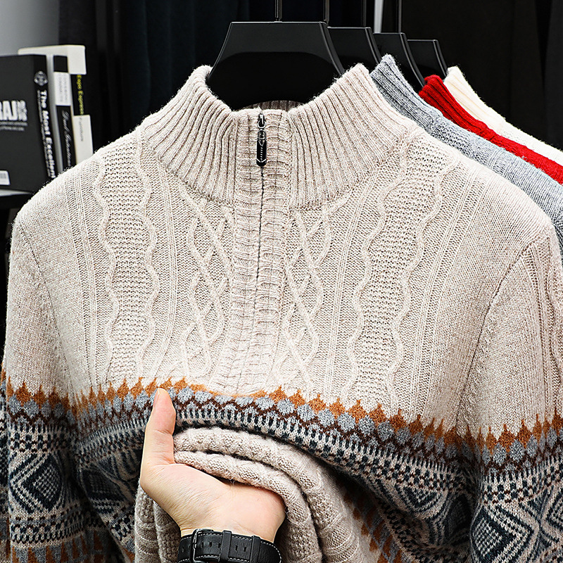 Outlet Clearance Thick Cashmere Sweater Men's Cashmere Half-High Zipper Collar Winter Middle-Aged Casual Men's Sweater