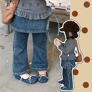 韩版洋气秋季新款女宝宝百搭复古假两件设计软牛仔微喇牛仔裤子潮