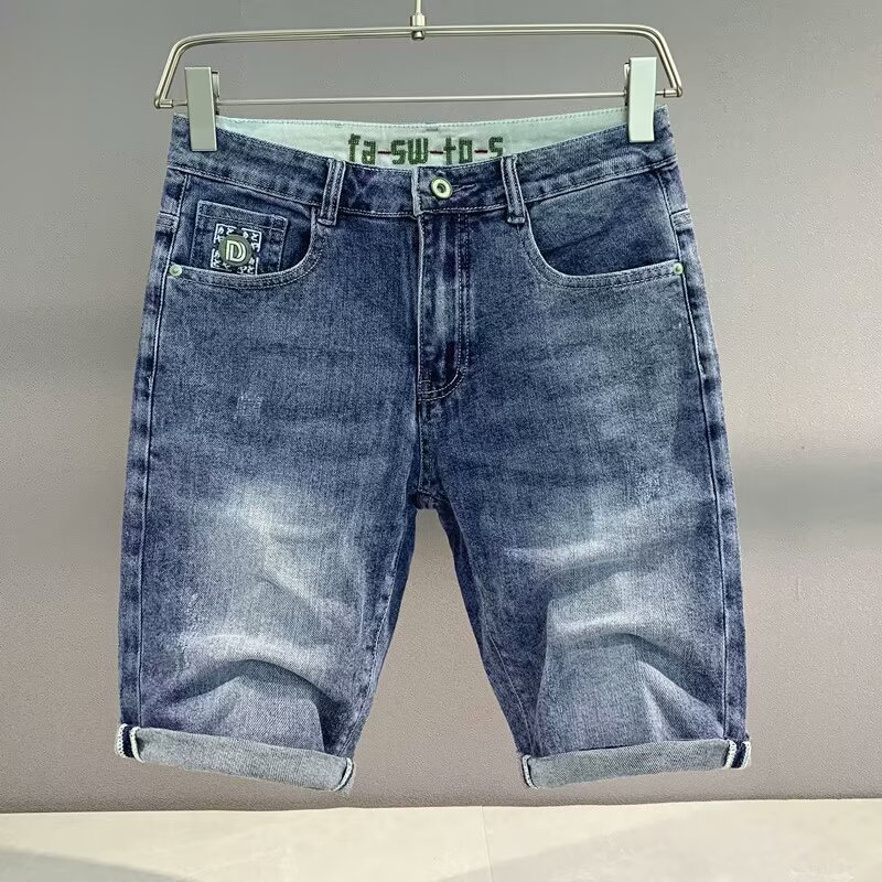 Men's Stretch Denim Shorts With Embroidery And Print Designs, Slim Fit 5-Pocket Casual Shorts For Summer Street Style_mkmklike.com