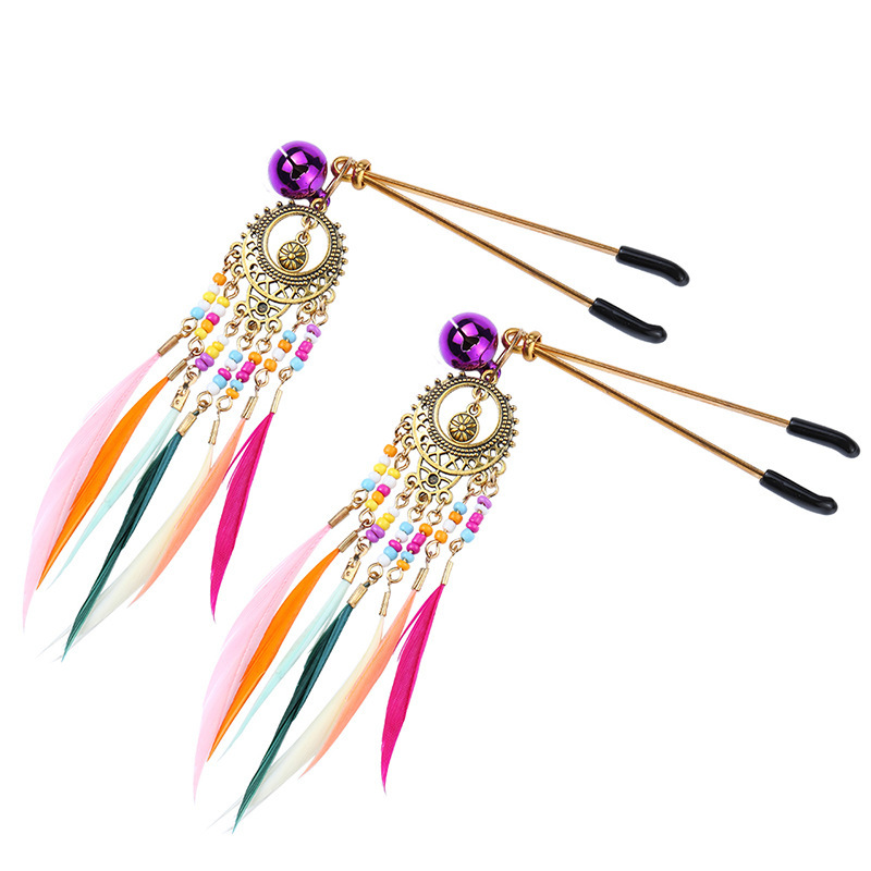 Vintage Metal Nipple Clamps with Feather Tassels, Bohemian Style Pair — detail image 17