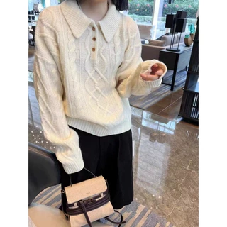 秋冬羊毛设计感翻领毛衣女慵懒风显瘦洋气复古麻花针织衫上衣