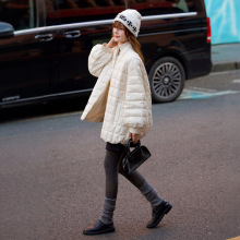 德玛纳90鸭绒方格羽绒服女25冬季新款抽绳下摆中长款宽松保暖外套