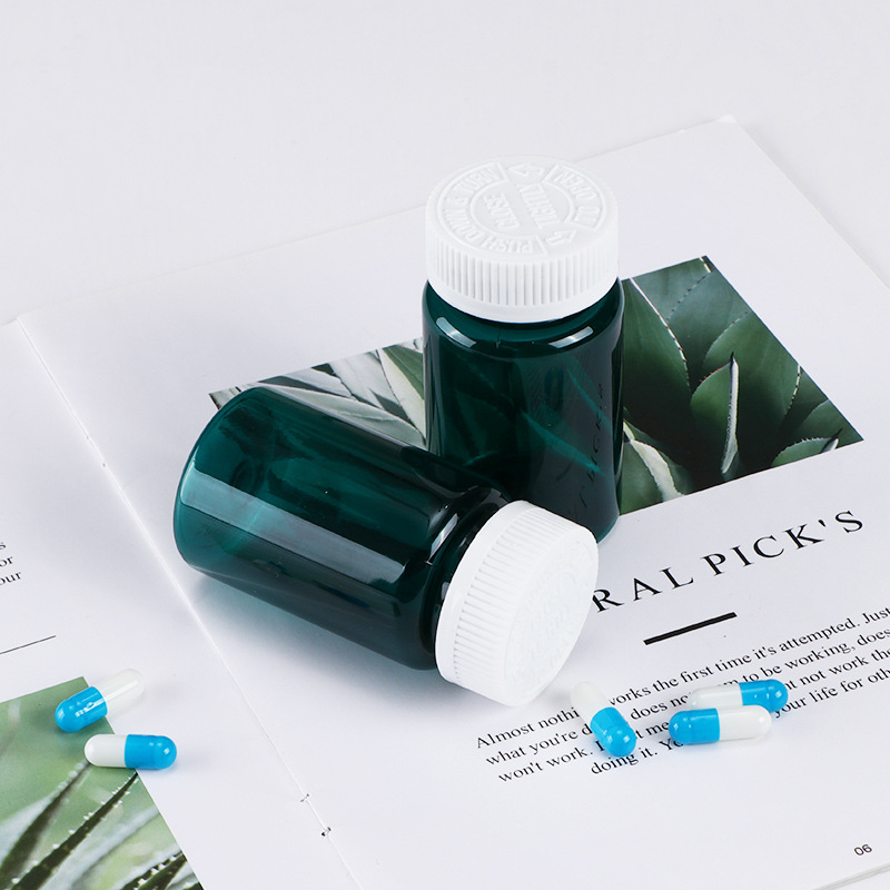 100ml botella verde oscuro botella de productos de salud de alta calidad botella de plástico botella redonda botella de polvo de cordyceps