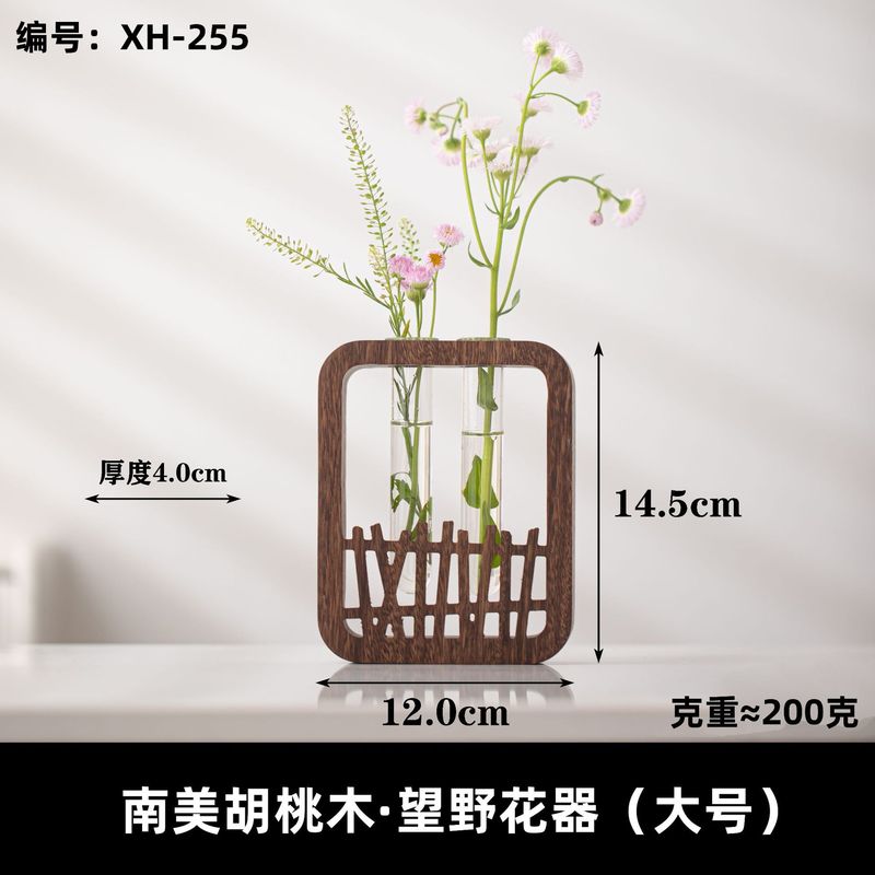 胡桃材の中国風無垢材花器、卓上透明ガラス水耕栽培花器、軽奢で高級感のある装飾花瓶、ドライフラワー|undefined