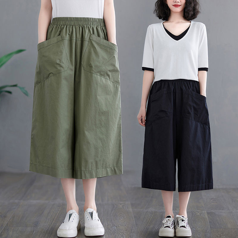 Japanese-Style Artistic Cropped Wide-Leg Pants for Women, Summer Plus-Size Loose Age-Reducing Mom Pants, Casual Thin Large-Pocket Skirt Pants
