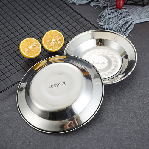 Cross-border 304 stainless steel round plate Korean food plate household shallow plate snack snack plate kindergarten meal plate