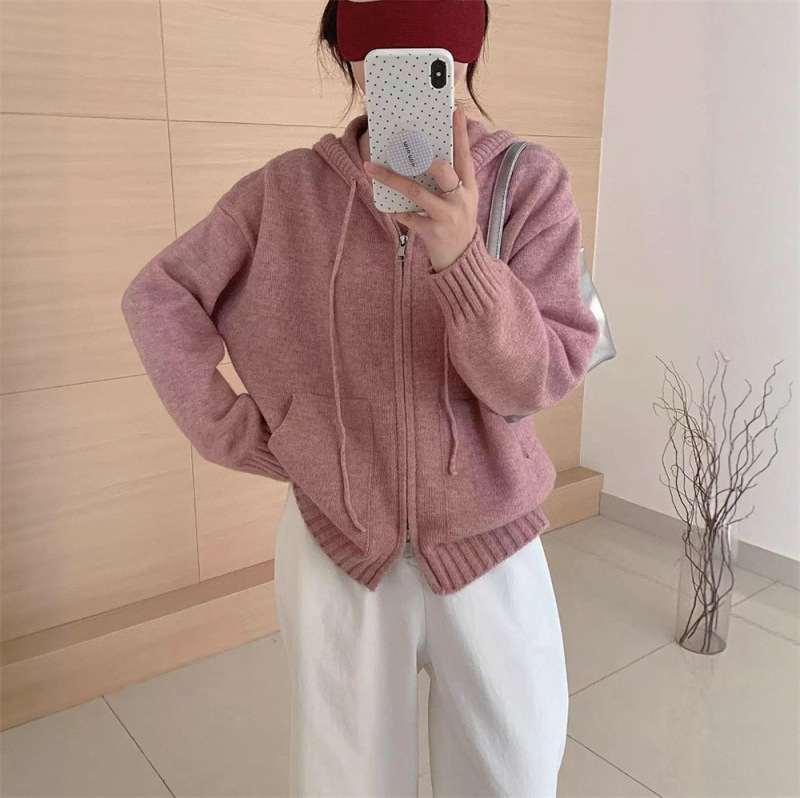 纯色连帽拉链毛衣外套女穿搭秋冬新款慵懒风感针织开衫上衣女|undefined