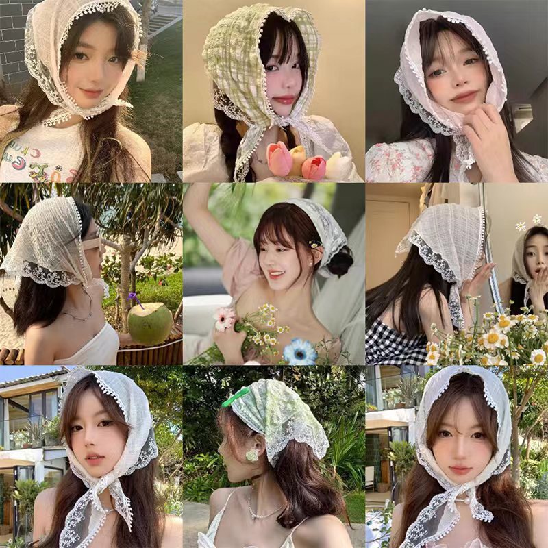 Headscarf Ins High-grade Triangle Summer Women's Pastoral French Style Hair Band Tie Antique Lace Triangle Headscarf Tie Head