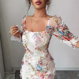 女士秋冬季新款优雅浪漫网眼花卉印花褶皱装饰长袖中长连衣裙