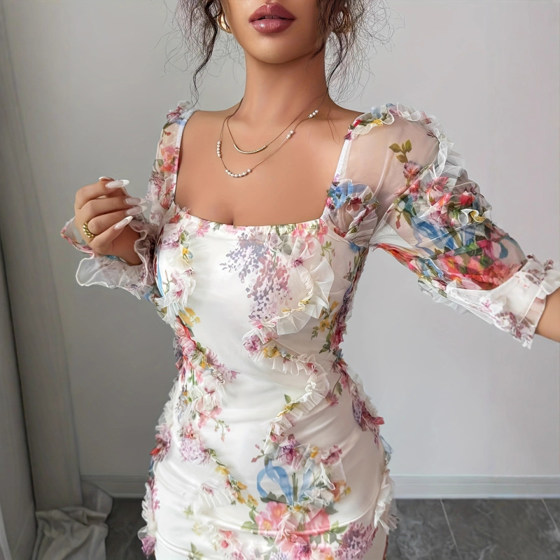 Women's New Autumn and Winter Elegant and Romantic Mesh Floral Print Pleated Decorative Long-Sleeved Mid-Length Dress Women's New Autumn and Winter Elegant and Romantic Mesh Floral Print Pleated Decorative Long-Sleeved Mid-Length Dress