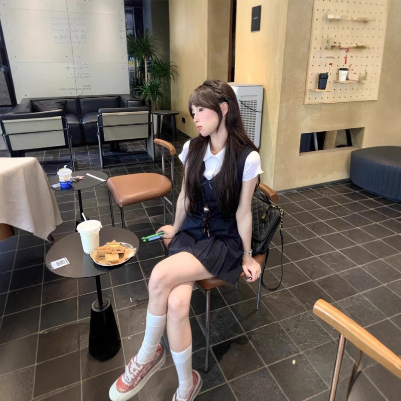 学院风甜美韩系夏季高腰背心连衣裙女学生+白色短袖衬衫套装_单件|undefined