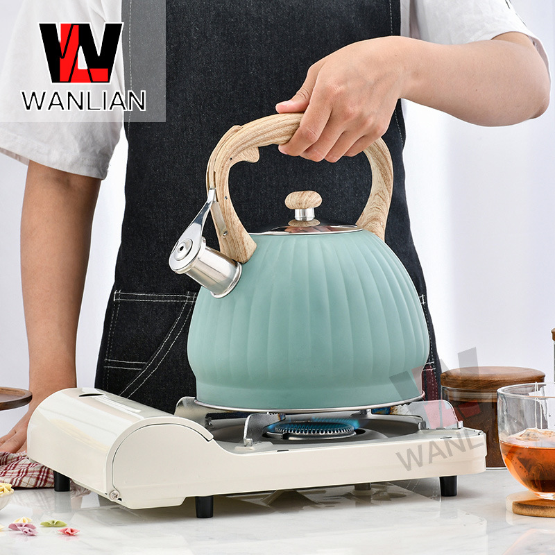 Amazon olla de calabaza pintura en aerosol silbato hervidor de agua de sonido transfronterizo mango de grano de madera cocina hotel de gran capacidad