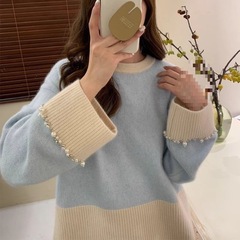 浣熊绒法式复古拼色毛衣女设计感袖口钉珠重工小众针织衫2024秋冬