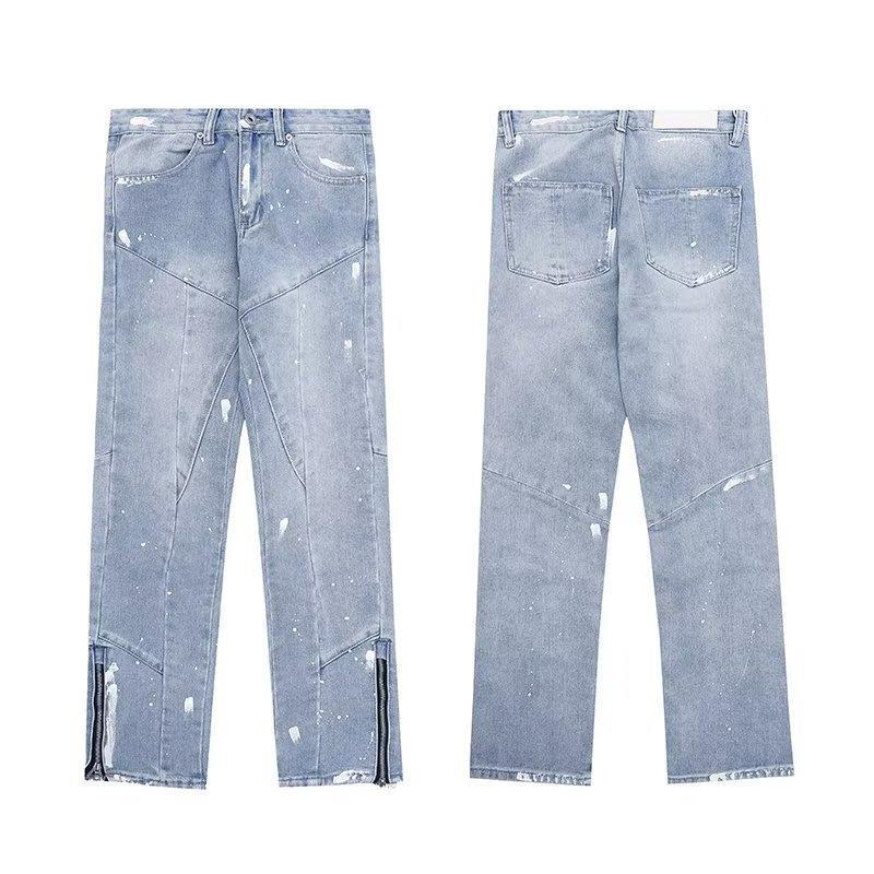 American retro splash-ink washed jeans men's fashion brand High Street curve stitching trousers zipper slim straight pants