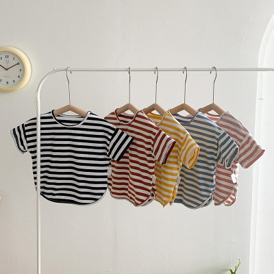 Basics children stripe Short sleeved T-shirt girl T-shirts Split ends Bat jacket cotton material Korean Edition Children's clothing wholesale