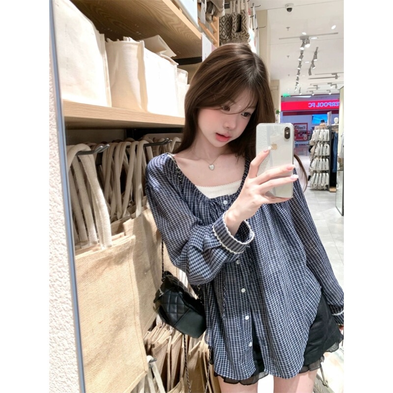 Kumikumi Sweet Sexy Retro Plaid V Neck Long-Sleeved Shirt Women's Autum French Lace Loose Top