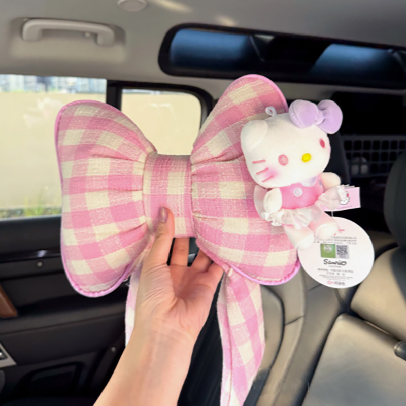 화이트 스커트 정품 핑크 고양이 - 핑크 & 화이트 체크 턱받이 목베개