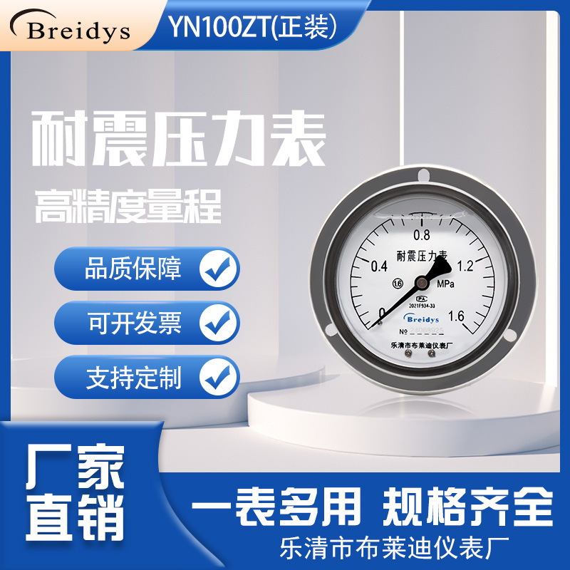 压力表YN100ZT轴向带边耐震压力表0-1.6mpa气压水压液压真空表