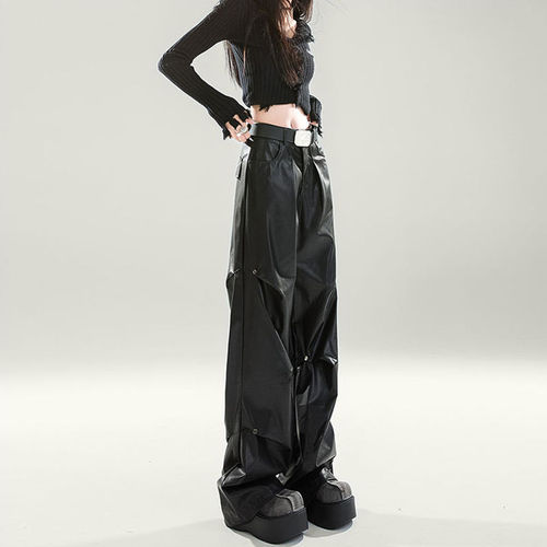 Black High-Waisted Slim Wide Leg Leather Pants for Women, Fashion Design, Unique, Floor-Length Pants for Spring and Autumn 2025