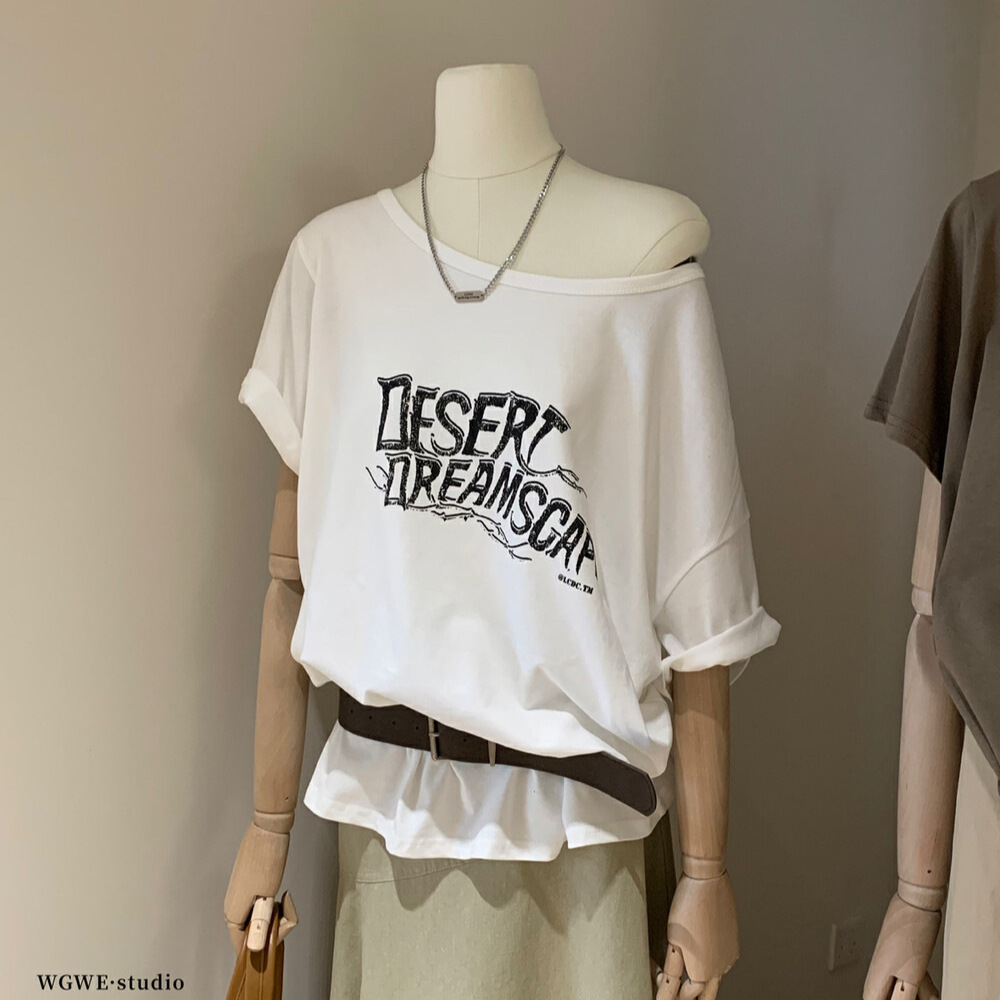 WGWE coreano verano letras antiguas impresión casual oversize hombro oblicuo superior camiseta de manga corta mujer W5626 image 2