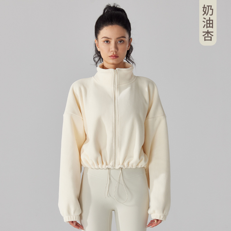 Chaqueta deportiva de cachemira europea y americana para mujer Otoño e Invierno forrada de lana engrosada cuello alto chaqueta de lana fitness casual polar top