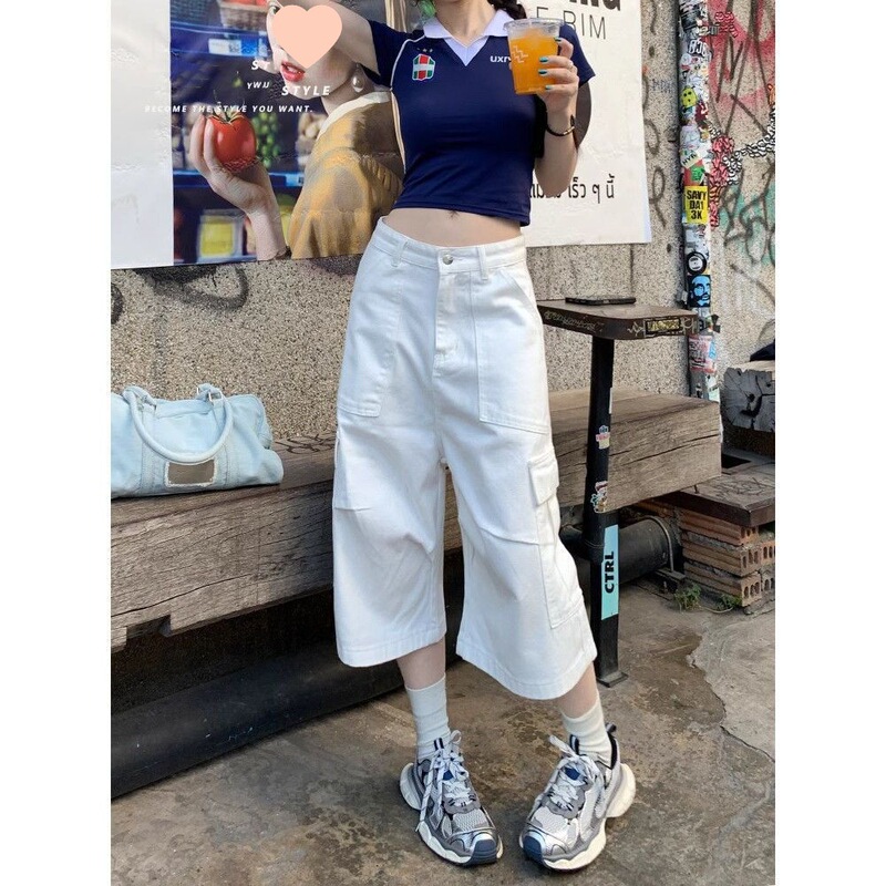 White Workwear Cropped Wide-Leg Denim Shorts for Women, Loose and Slimming, Multi-Pocket Casual Versatile Commuter Straight Pants