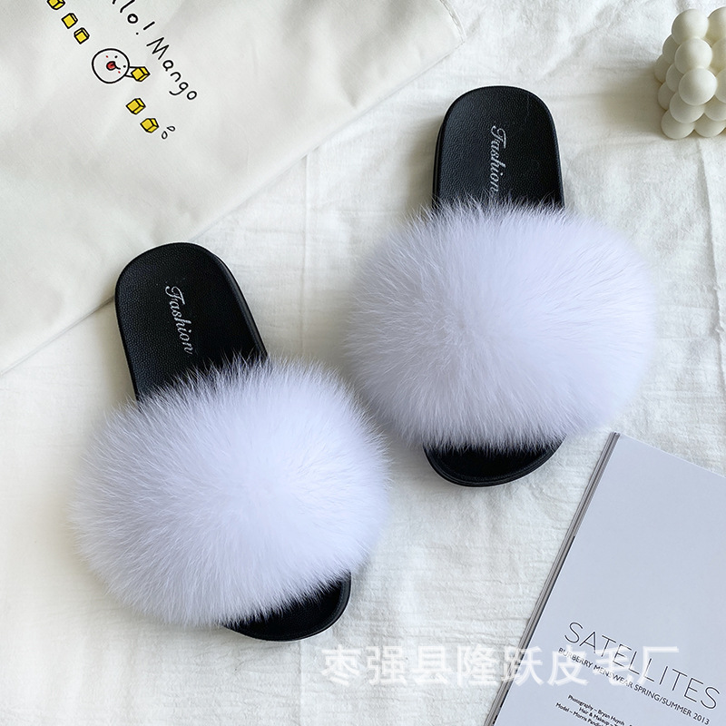Amazon transfronterizo zapatillas de pelo de zorro real zapatillas de pelo de fondo plano zapatillas de pelo de mujer zapatillas de pelo de verano nuevas exportaciones