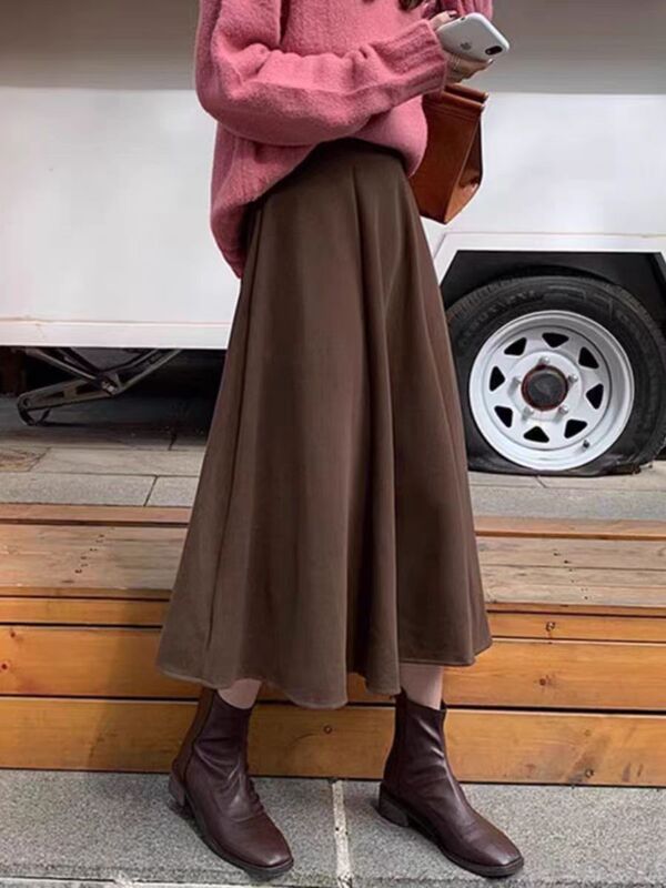 French-Style Coffee-Colored Umbrella Skirt for Women, High-Waisted, Slimming A-Line Long Skirt, New 2024 Winter Model
