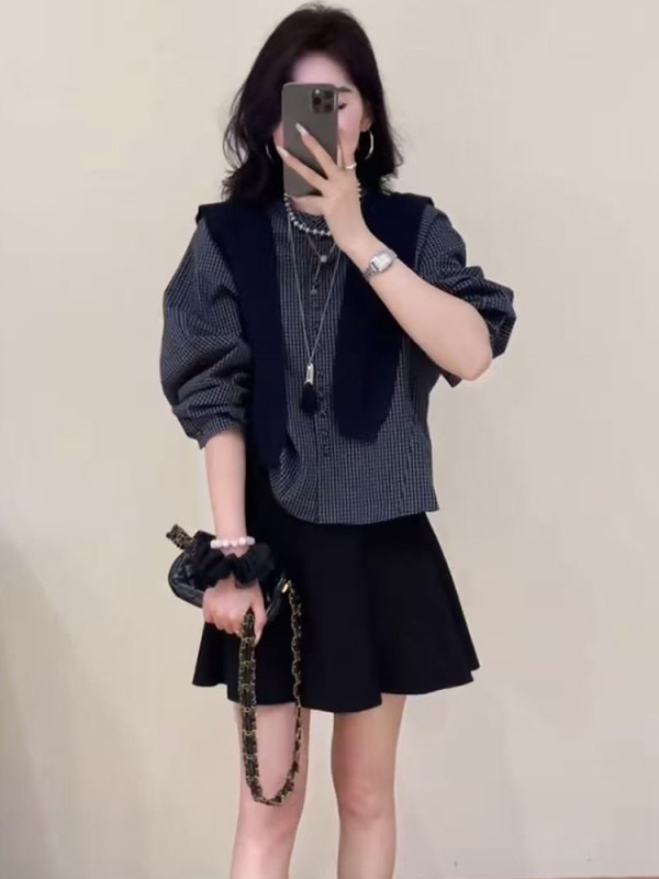 韩系高级感披肩格子衬衫女2025秋季新款宽松显瘦小个子百搭上衣潮|undefined