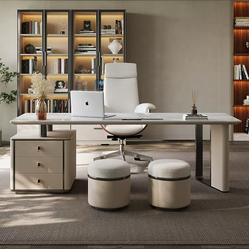 Light Luxury Rock Board Saddle Leather Desk Nordic Study Office Desk and Chair Italian Minimalist Computer Desk Stainless Steel Writing Desk