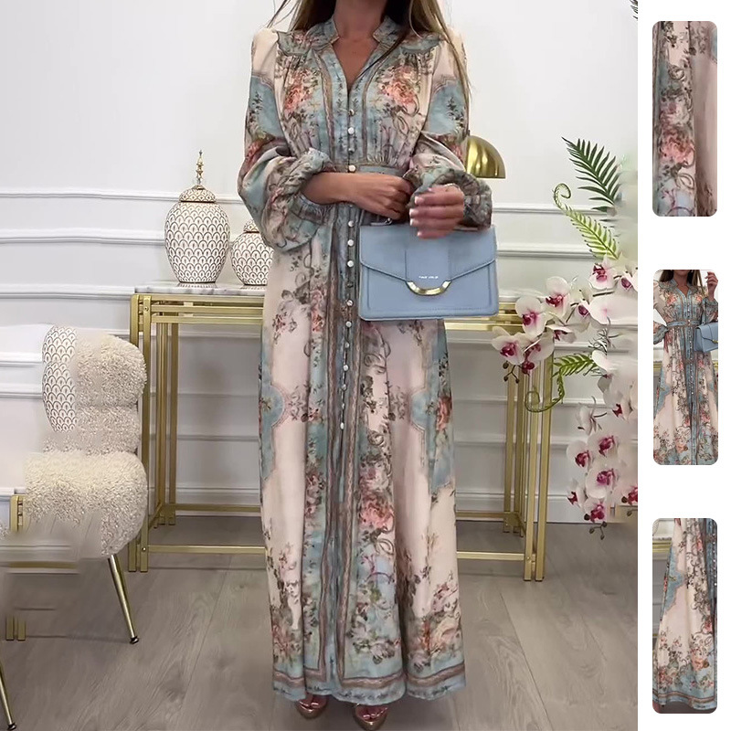 Qadın üçün retro naxışlı uzun paltar, beli bağlanan yay modeli