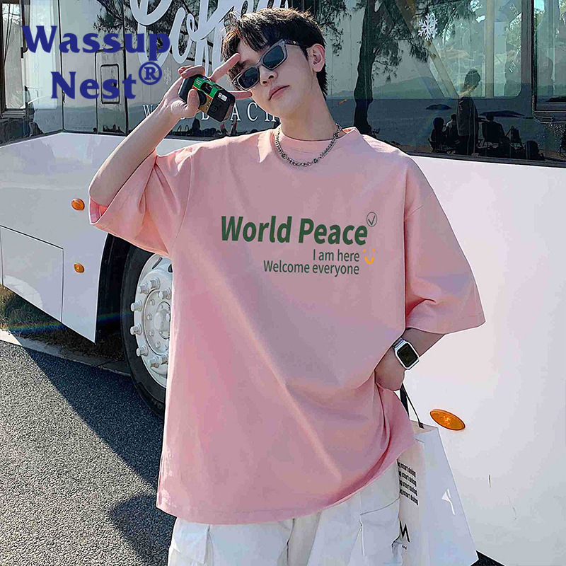 WASSUP Pink Short-sleeved T-shirt Men's Summer Teenager Fashion Brand Hong Kong Style Loose All-match 2024 Couple Half-sleeved T-shirt