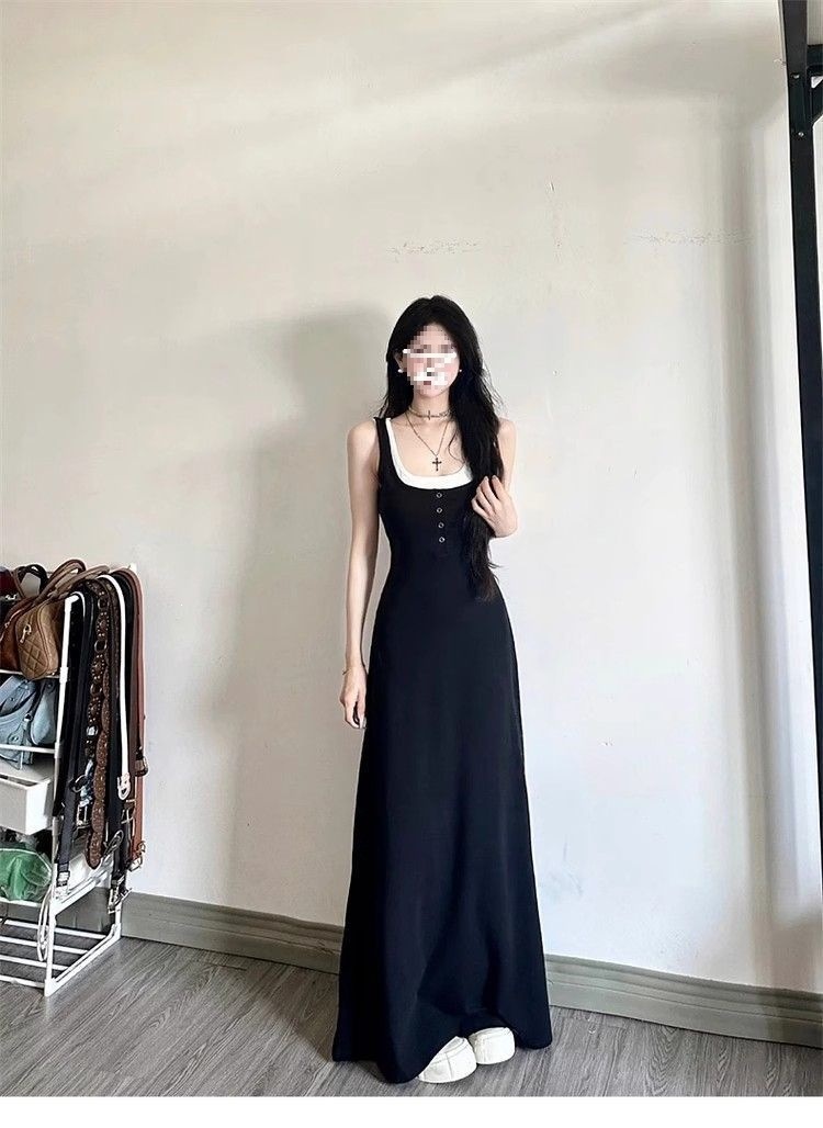 Đầm maxi nữ thắt eo dáng suông dây mảnh thiết kế kiểu Pháp — màu đen chi tiết 6