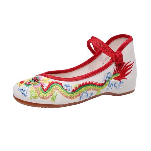 [Painted Dragon] Retro Embroidered Dragon Pattern Shallow Plate Buckle Low Heel Canvas Embroidered Cloth Shoes Women's Shoes
