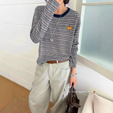 2025秋装新品 日系文艺小清新条纹宽松百搭圆领长袖T恤女打底衫