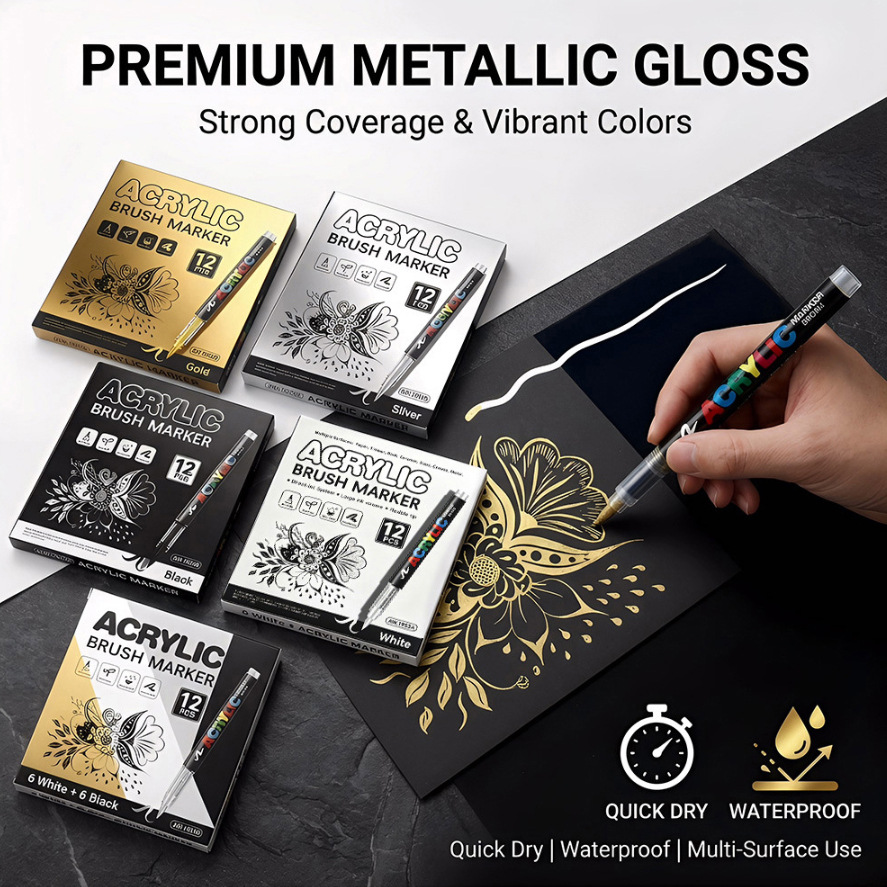 Cross-Border Exclusive Supply of Gold and Silver Straight Liquid Acrylic Markers, Art Highlight Pens, DIY Journaling Pens, Soft-Tipped Drawing Pens