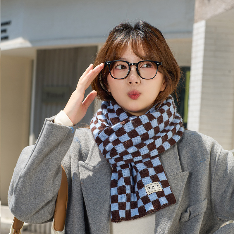 신상 한국 블루 체커보드 스카프 가을 겨울 여성용 고급스러운 다용도 겨울 보온 스카프 숄