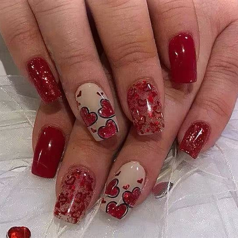Valentine's Day Fashion Flash Red Chrome Red Love Design Cross-border Wear Manicure Pieces False Nail Pieces