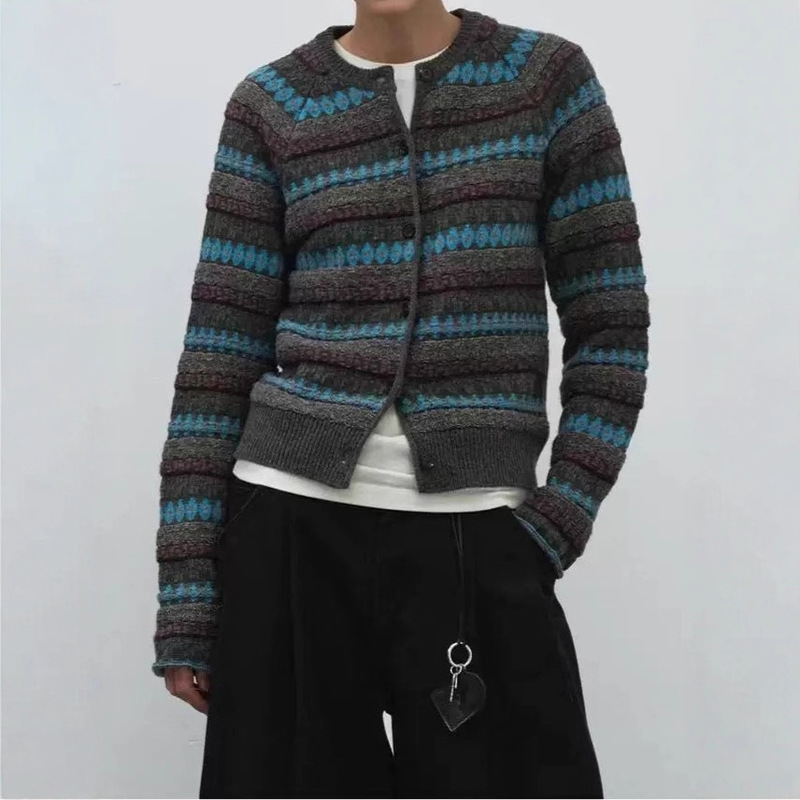 New Corrugated Yarn Jacquard Fair Isle Jacquard Wool Knitted Cardigan