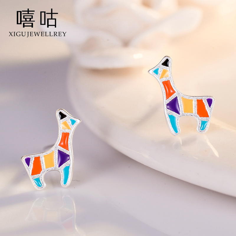 嘻咕E0033 新款S925银磨砂可爱七彩小长颈鹿耳钉圣诞节礼物耳饰