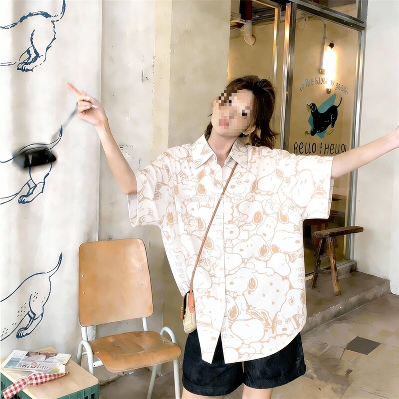 Cartoon Snoopy All-Over Print Short-Sleeve Shirt for Women, Summer Loose Fit, Stylish Niche Japanese Style Lazy Shirt Jacket Cartoon Snoopy All-Over Print Short-Sleeve Shirt for Women, Summer Loose Fit, Stylish Niche Japanese Style Lazy Shirt Jacket
