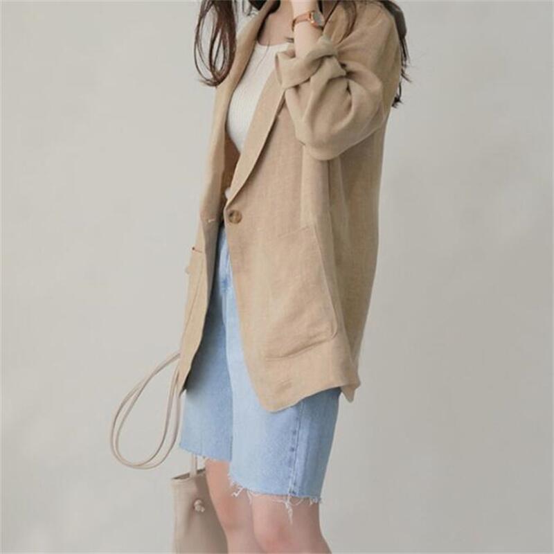 2026 Spring/Summer Korean New Herringbone Linen Loose Simple Women's Long Sleeve Casual Blazer_ecoleips.com