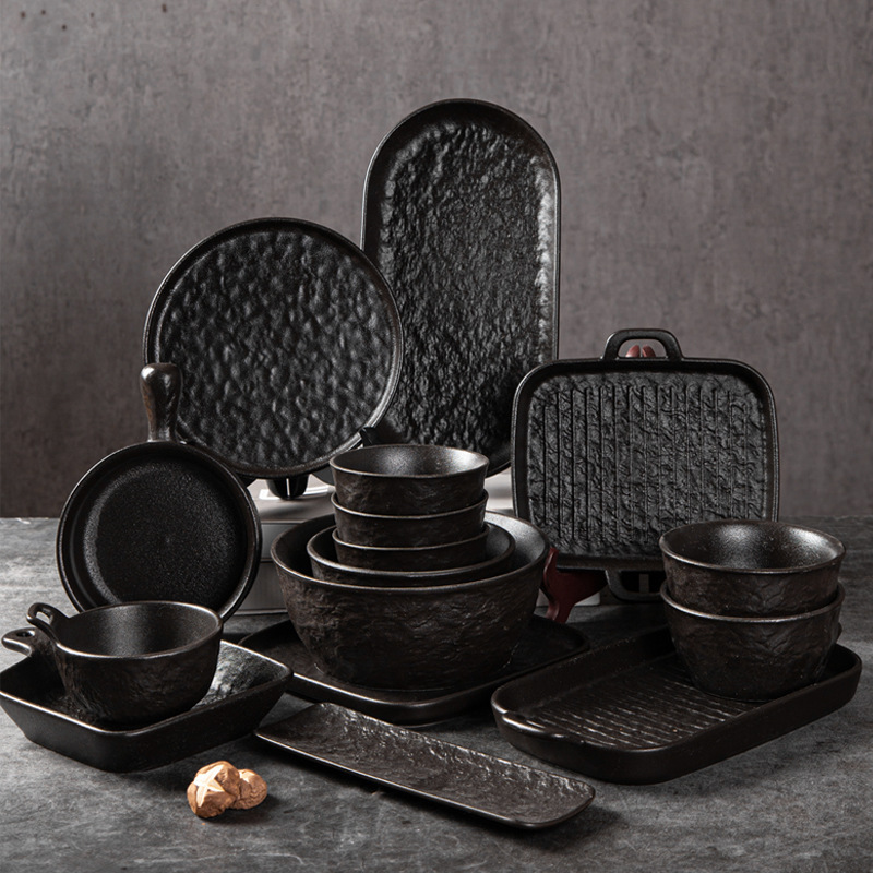 Japanese-Style Tableware Set Black Glaze Ceramic Bowls and Plates Household Rice Bowls Soup Bowls Dish Plates Japanese Tableware Japanese-Style Tableware Set Black Glaze Ceramic Bowls and Plates Household Rice Bowls Soup Bowls Dish Plates Japanese Tableware
