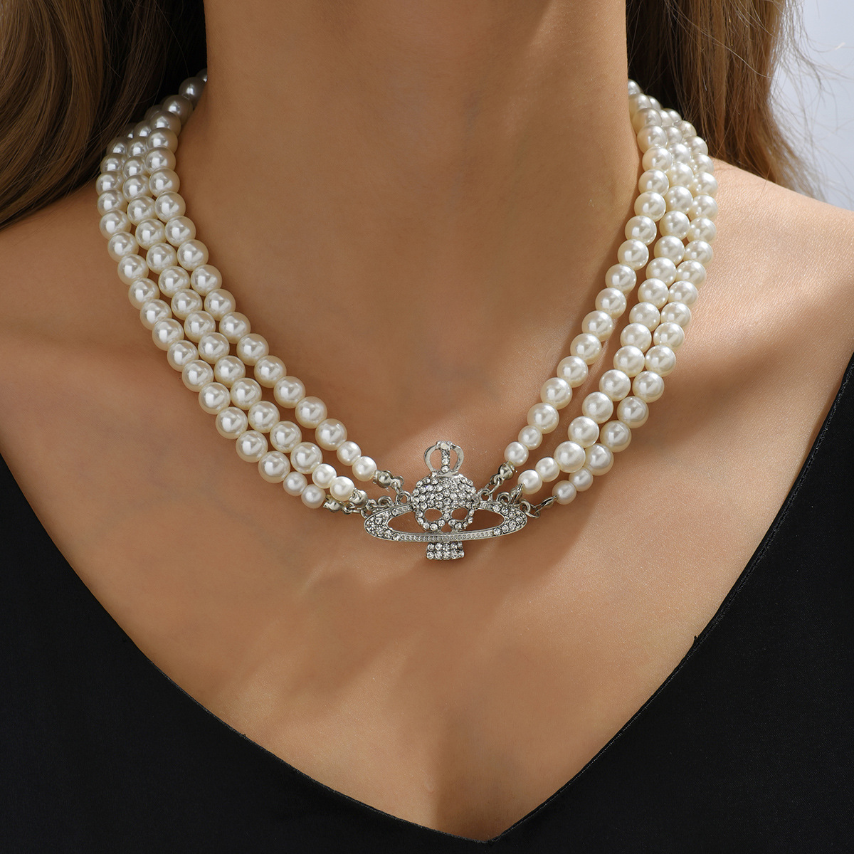 1 Piece Fashion Crown Skull Beaded Alloy Pearl Inlay Rhinestones Womenu0027S Layered Necklaces