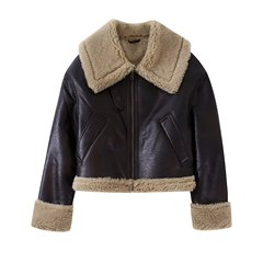 2025 秋と冬の新しいストリートファーワンピース肥厚ソリッドカラーラペルジッパーショートジャケット女性のための